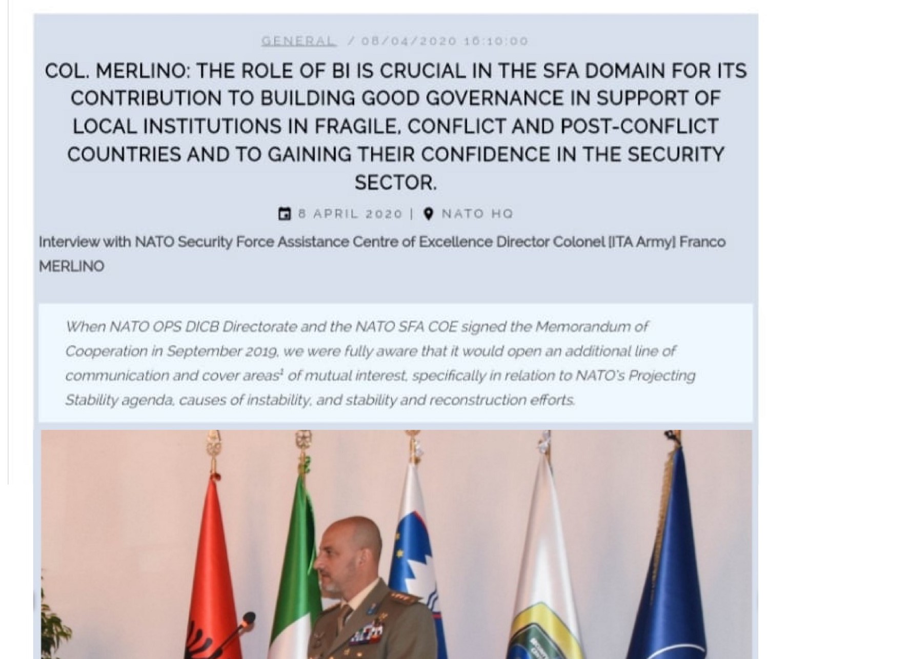 NATO SFA COE Director on NATO Building Integrity newsletter